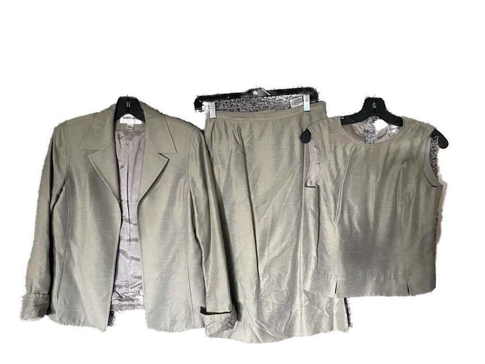 Albert Nipon 3-Piece Suit Set Size 4 Sage Green Blazer Skirt Shell